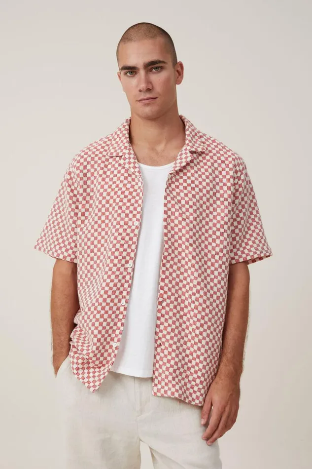 Cabana Short Sleeve Shirt Red Checkerboard Men Cotton On Shirts and Polos