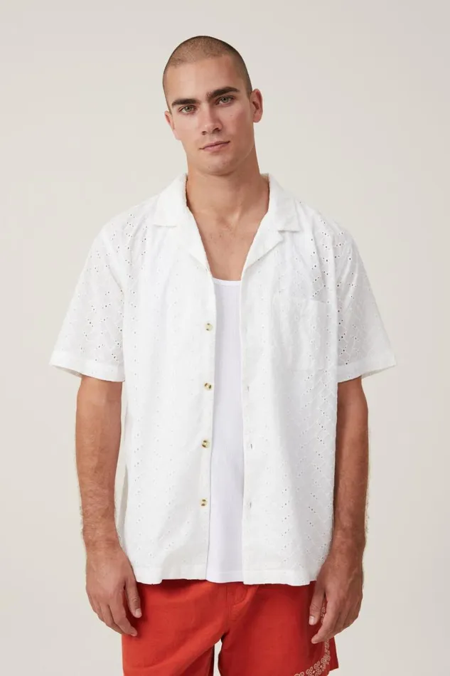 Capri Short Sleeve Shirt White Broiderie Men Cotton On Shirts and Polos