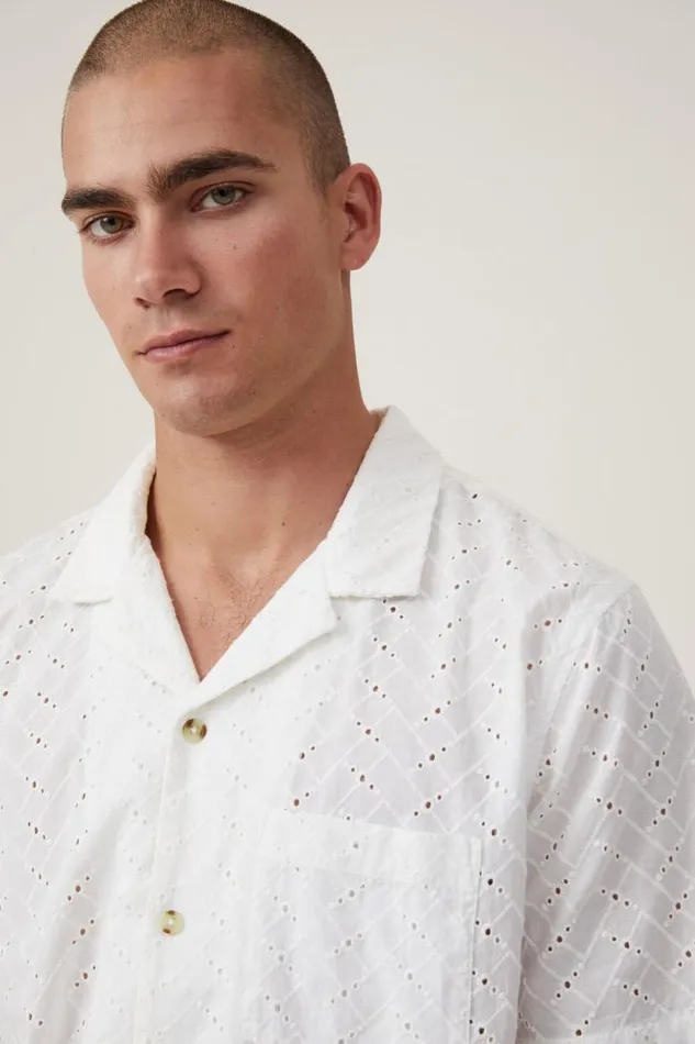 Capri Short Sleeve Shirt White Broiderie Men Cotton On Shirts and Polos