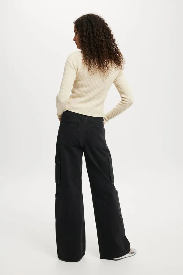 Cargo Wide Leg Jean Graphite Black Women Cotton On Pants