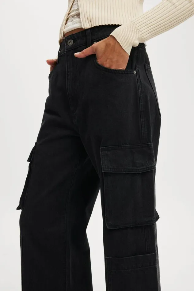 Cargo Wide Leg Jean Graphite Black Women Cotton On Pants
