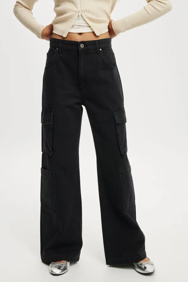 Cargo Wide Leg Jean Graphite Black Women Cotton On Pants