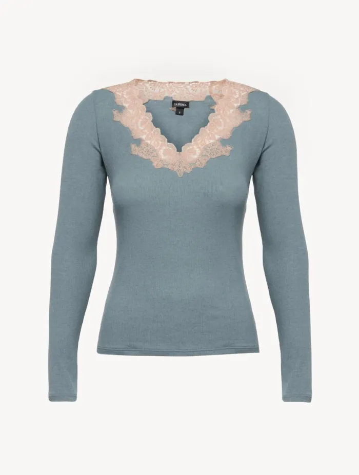 Cashmere Blend Ribbed Longsleeved Top In Sleepy Dream With Frastaglio Sleepwear La Perla Camisoles Cashmere Blend Ribbed Longsleeved Top In Sleepy Dream With Frastaglio Sleepwear La Perla Camisoles