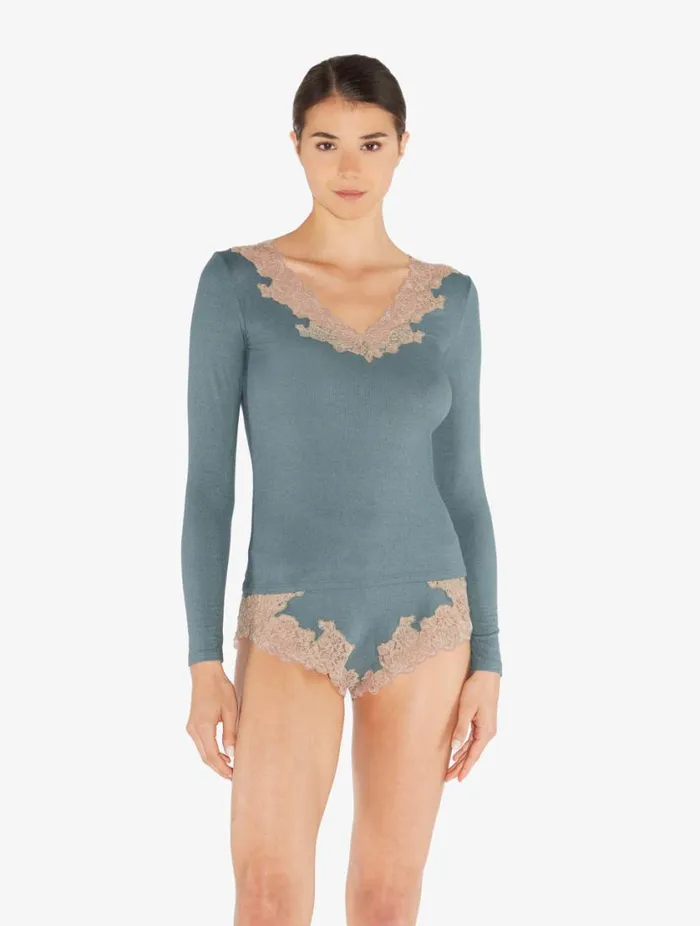 Cashmere Blend Ribbed Longsleeved Top In Sleepy Dream With Frastaglio Sleepwear La Perla Camisoles