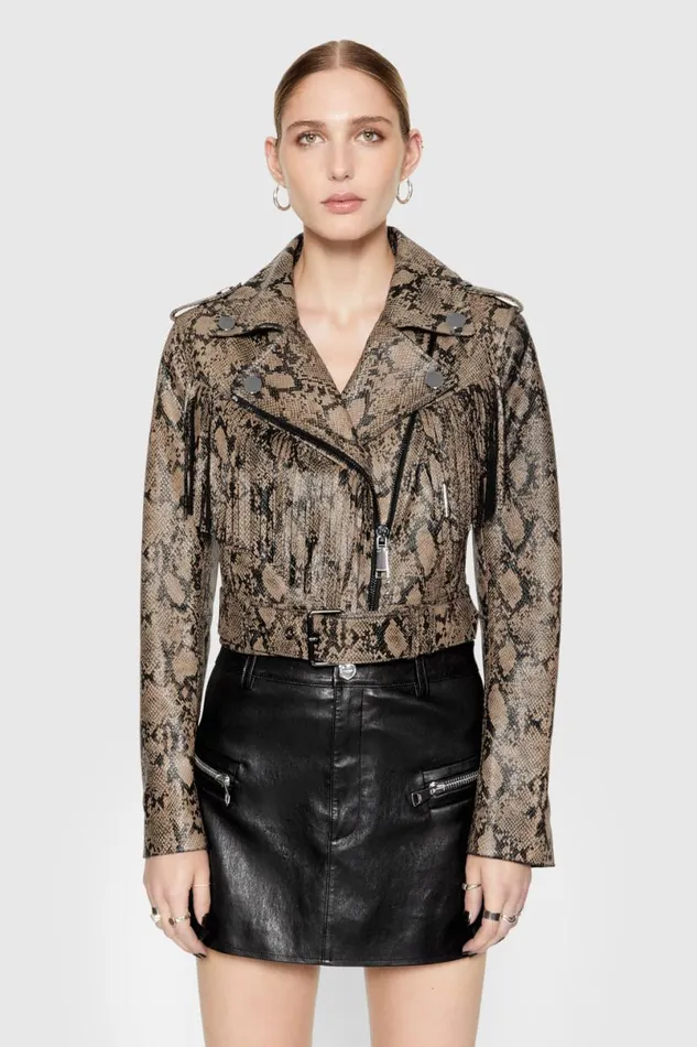 Clothing Leather Rebecca Minkoff Janis Python Fringe Moto Python Printed Foil Clothing Leather Rebecca Minkoff Janis Python Fringe Moto Python Printed Foil