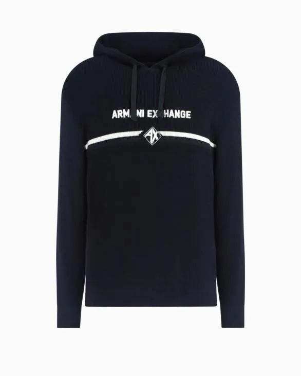 Cotton Hoodie With Central Logo Navyblue Men Armani Knitwear