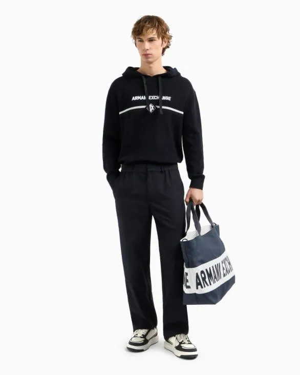 Cotton Hoodie With Central Logo Navyblue Men Armani Knitwear Cotton Hoodie With Central Logo Navyblue Men Armani Knitwear