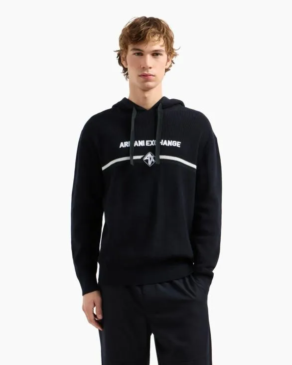Cotton Hoodie With Central Logo Navyblue Men Armani Knitwear Cotton Hoodie With Central Logo Navyblue Men Armani Knitwear
