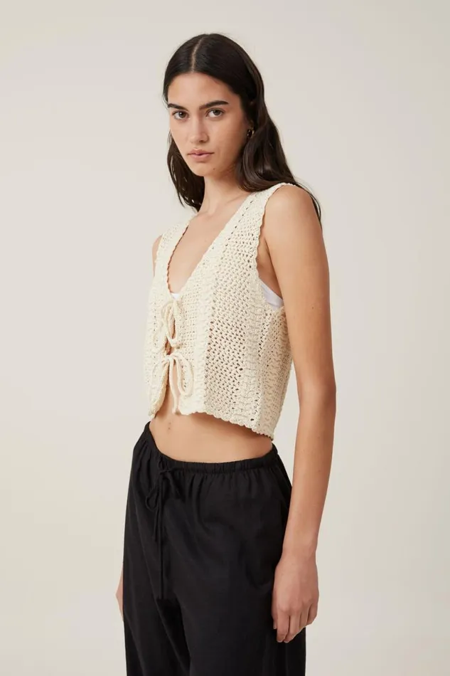 Crochet Tie Front Vest Ecru Women Cotton On Tops