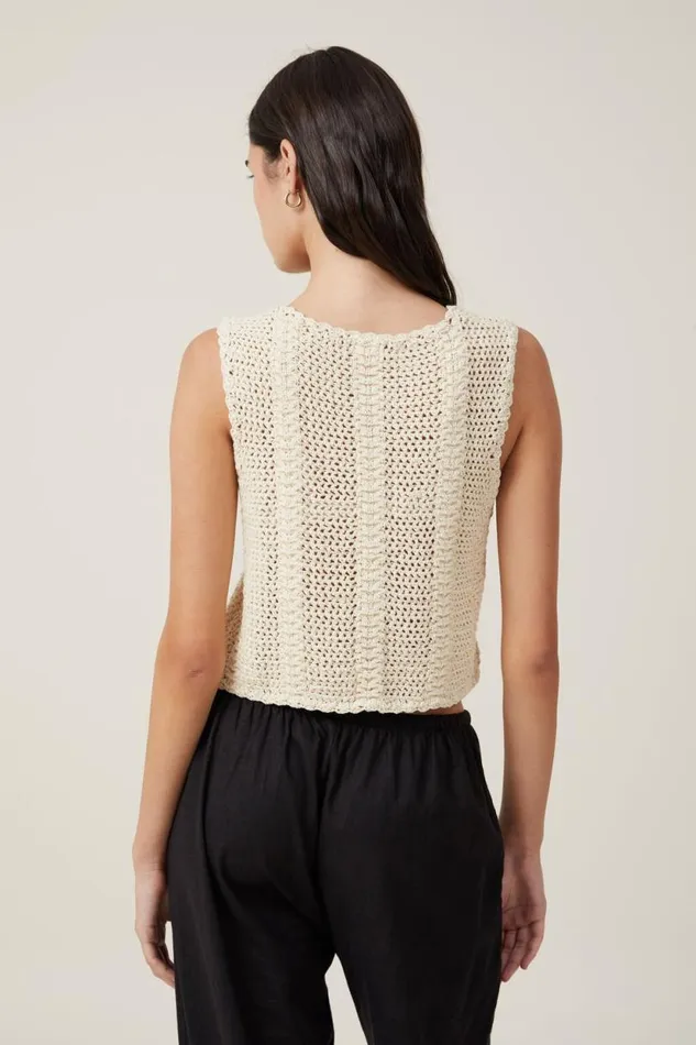 Crochet Tie Front Vest Ecru Women Cotton On Tops