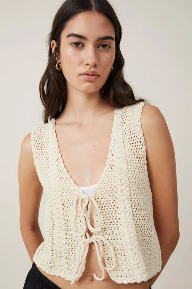 Crochet Tie Front Vest Ecru Women Cotton On Tops