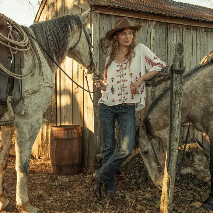 Dobby Peasant Blouse White Women Stetson Blouses