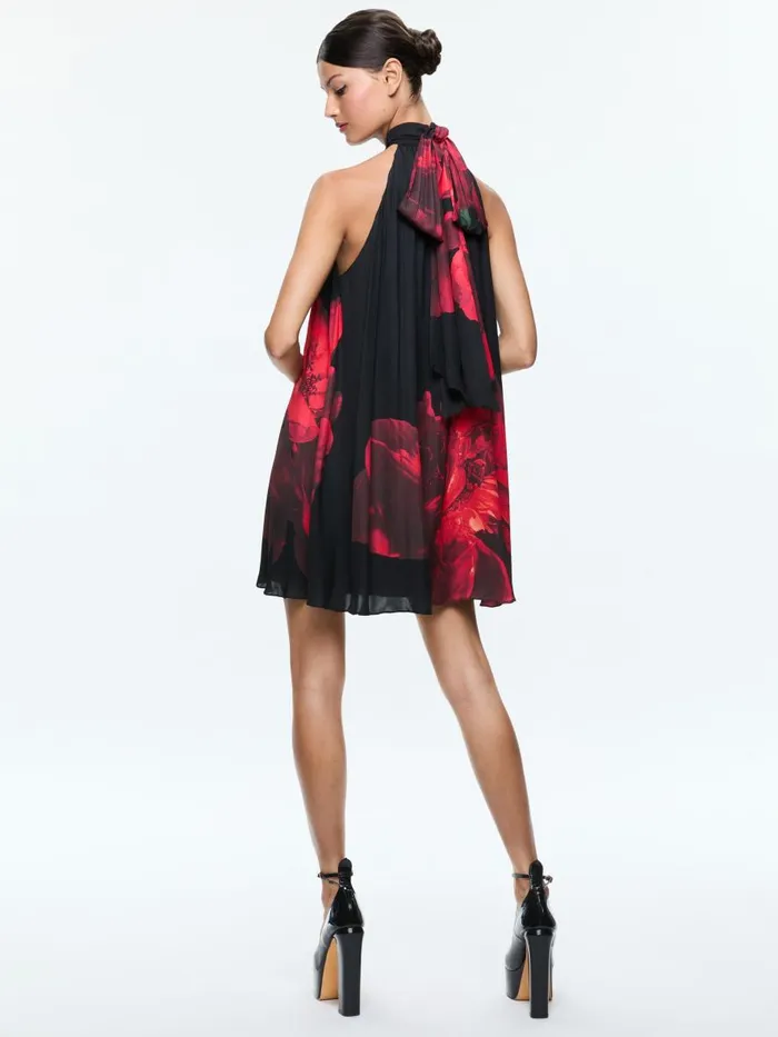 Dresses Women Alice Olivia CORINE HALTER TIE NECK TRAPEZE MINI DRESS Peony Petals Bright Ruby