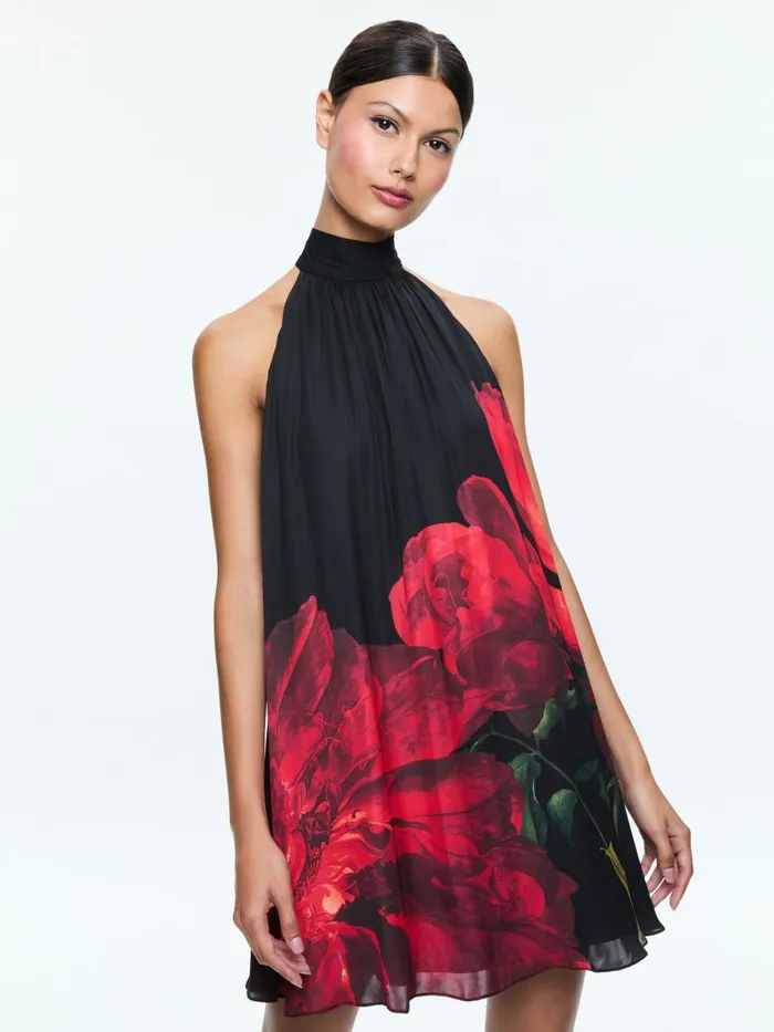 Dresses Women Alice Olivia CORINE HALTER TIE NECK TRAPEZE MINI DRESS Peony Petals Bright Ruby