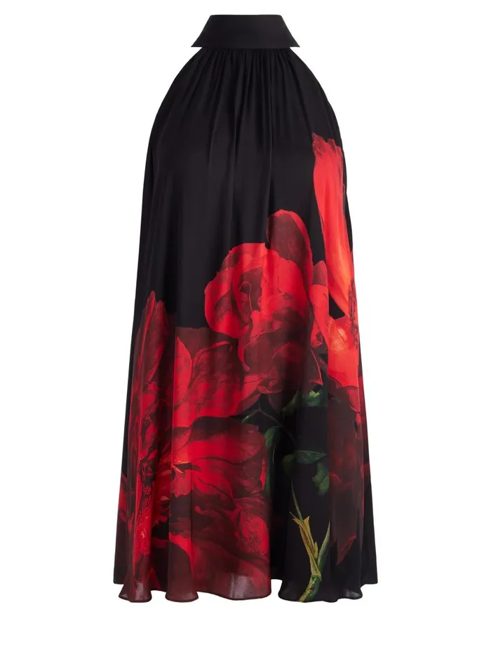 Dresses Women Alice Olivia CORINE HALTER TIE NECK TRAPEZE MINI DRESS Peony Petals Bright Ruby
