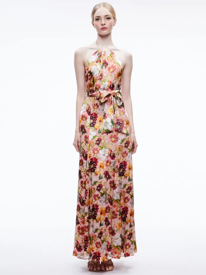 Dresses Women Alice Olivia DITA TIE NECK HALTER DRESS Juniper Floral Rose
