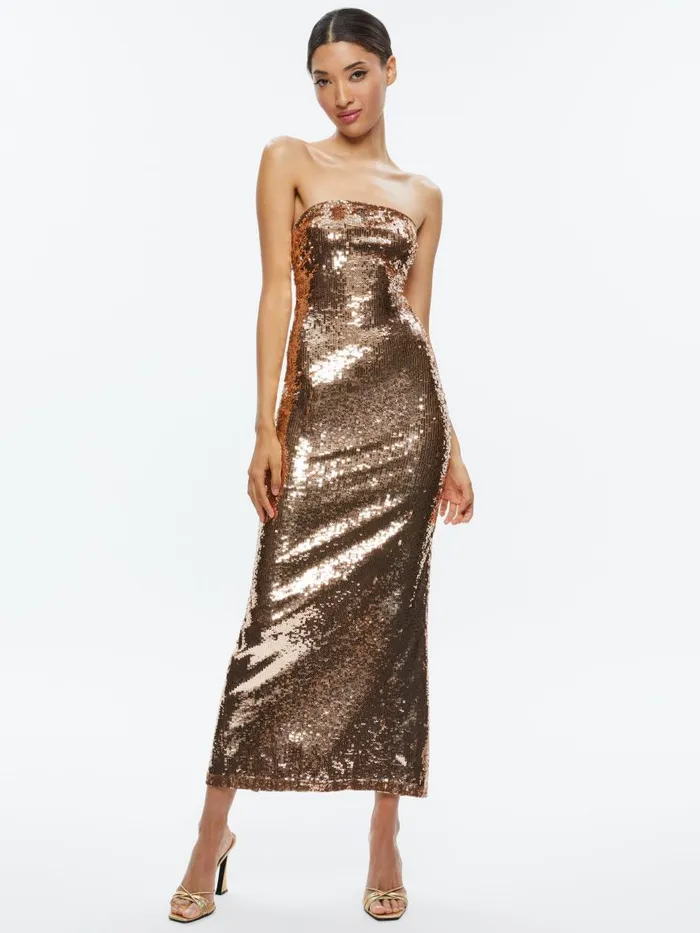 Dresses Women Alice Olivia FIFI SEQUIN STRAPLESS MAXI DRESS Tanbronze