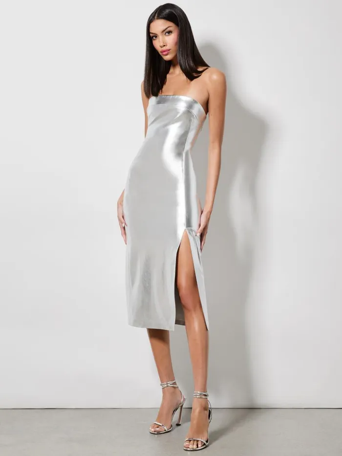 Dresses Women Alice Olivia KELLY VEGAN LEATHER HIGH SLIT MIDI DRESS Silver