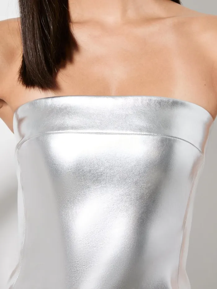 Dresses Women Alice Olivia KELLY VEGAN LEATHER HIGH SLIT MIDI DRESS Silver