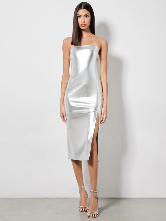 Dresses Women Alice Olivia KELLY VEGAN LEATHER HIGH SLIT MIDI DRESS Silver