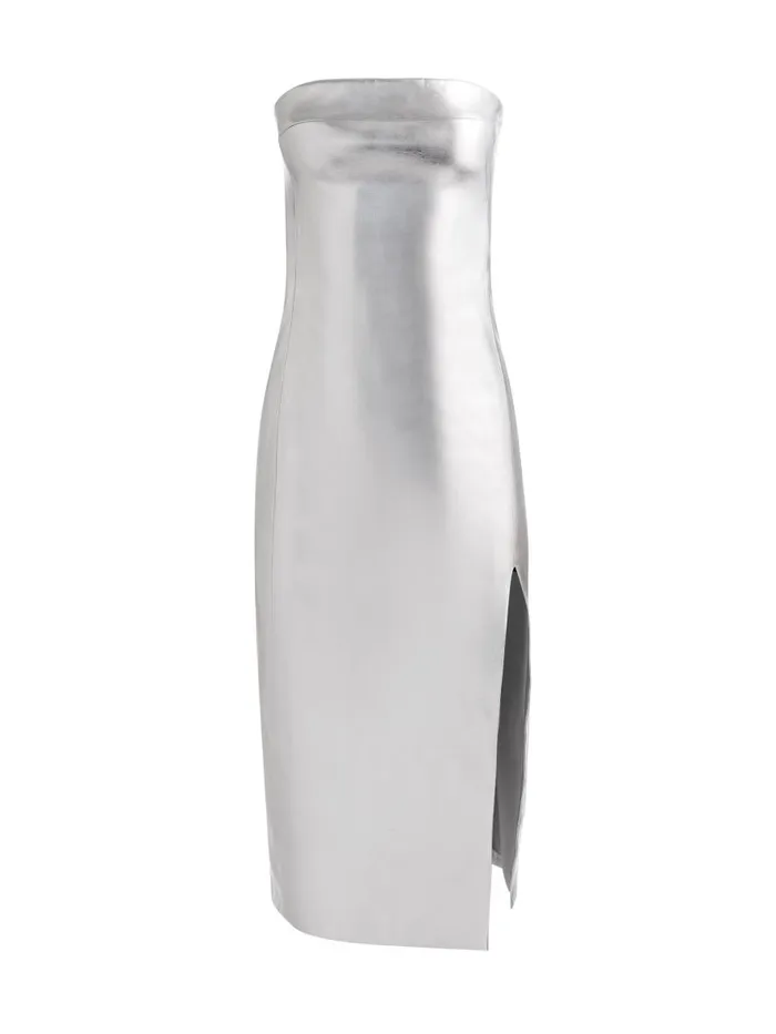 Dresses Women Alice Olivia KELLY VEGAN LEATHER HIGH SLIT MIDI DRESS Silver