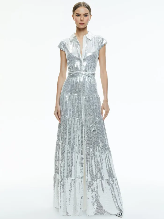 Dresses Women Alice Olivia MIRANDA EMBELLISHED TIERED MAXI DRESS Silver