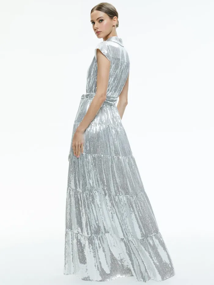 Dresses Women Alice Olivia MIRANDA EMBELLISHED TIERED MAXI DRESS Silver