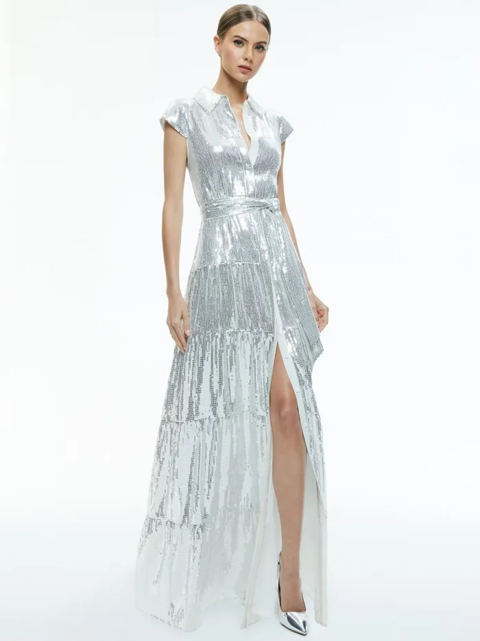 Dresses Women Alice Olivia MIRANDA EMBELLISHED TIERED MAXI DRESS Silver