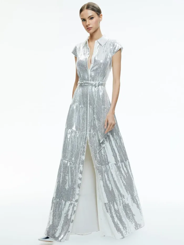 Dresses Women Alice Olivia MIRANDA EMBELLISHED TIERED MAXI DRESS Silver
