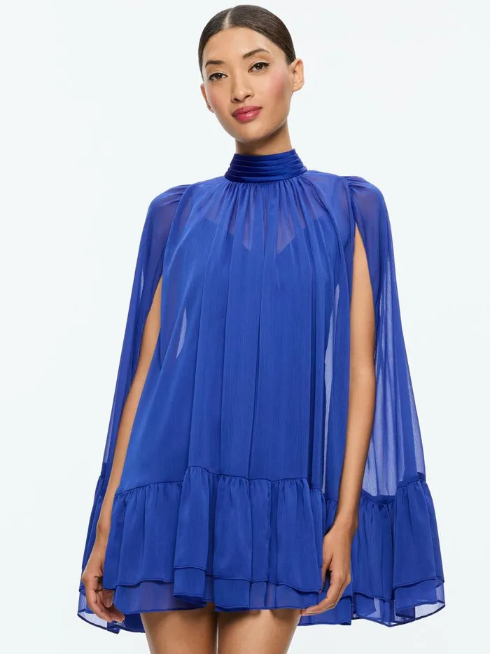 Dresses Women Alice Olivia ZENON TIE NECK CAPE MINI DRESS Royal