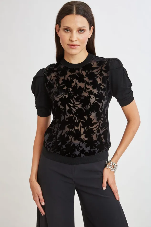 Elie Tahari Burnout Velvet Short Sleeve Sweater Black Women Tops