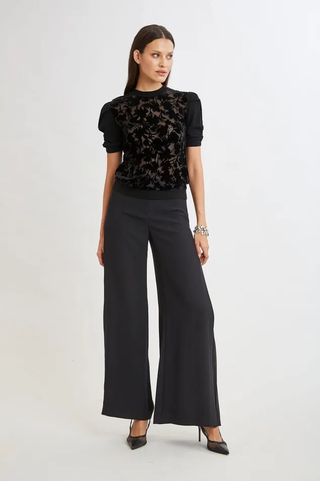 Elie Tahari Burnout Velvet Short Sleeve Sweater Black Women Tops