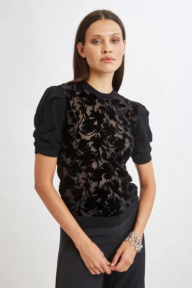 Elie Tahari Burnout Velvet Short Sleeve Sweater Black Women Tops