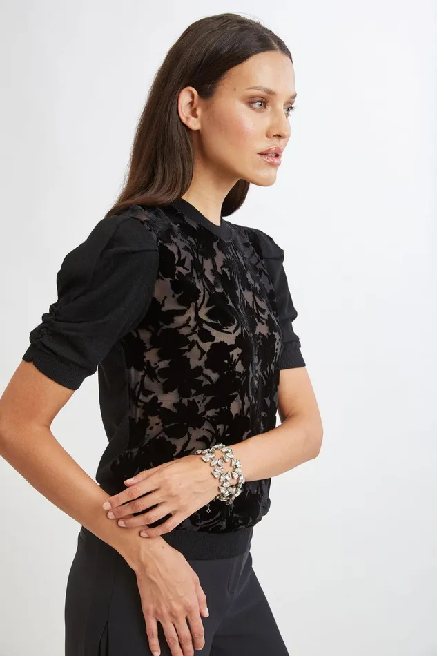 Elie Tahari Burnout Velvet Short Sleeve Sweater Black Women Tops