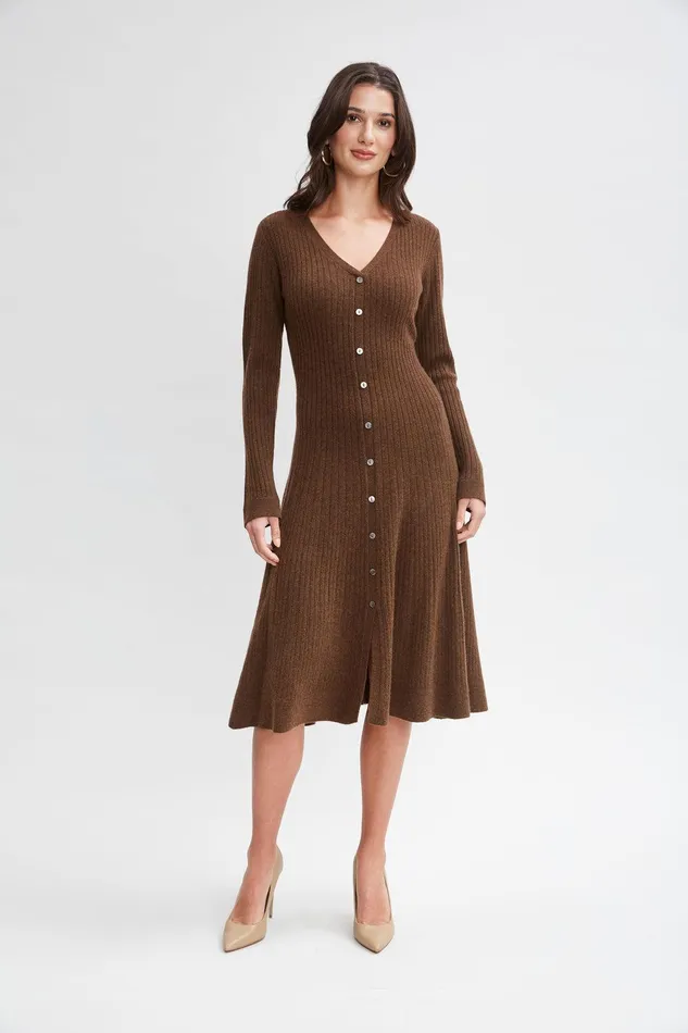 Elie Tahari Cashmere Fit and Flare Dress Chocolate Women Dresses and Jumpsuits