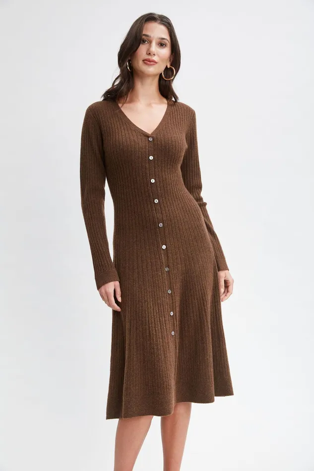 Elie Tahari Cashmere Fit and Flare Dress Chocolate Women Dresses and Jumpsuits