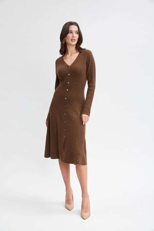 Elie Tahari Cashmere Fit and Flare Dress Chocolate Women Dresses and Jumpsuits