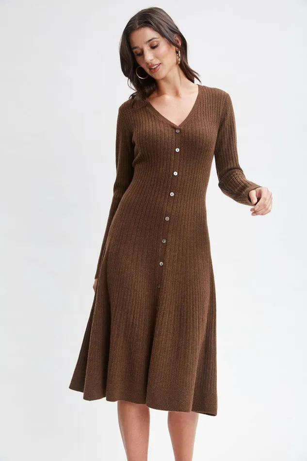 Elie Tahari Cashmere Fit and Flare Dress Chocolate Women Dresses and Jumpsuits