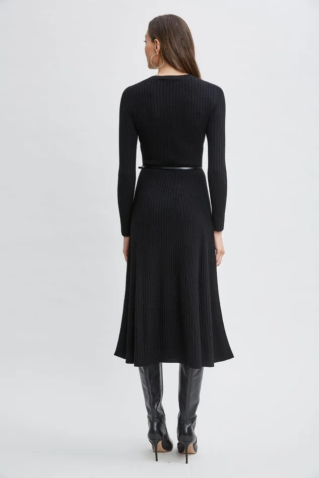 Elie Tahari Cashmere Long Sleeve Betled Dress Noir Women Dresses and Jumpsuits