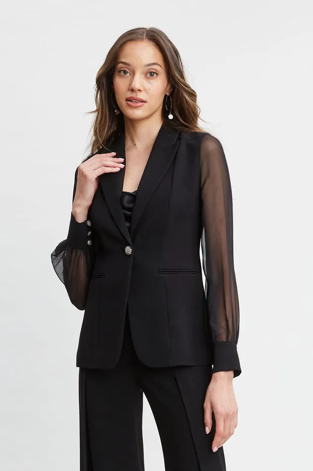 Elie Tahari Chiffon Sleeve Jewel Button Blazer Black Women Jackets and Blazers