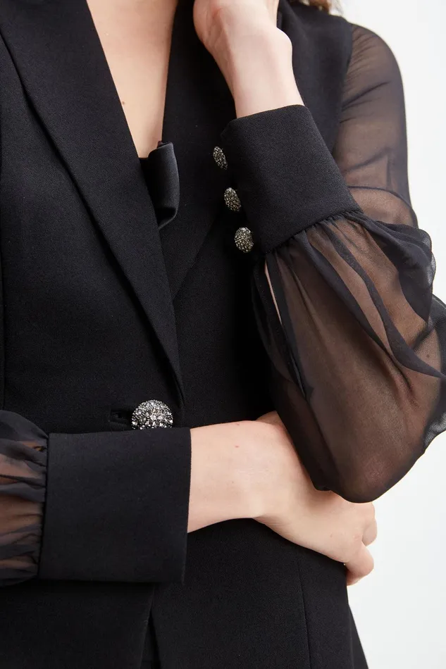 Elie Tahari Chiffon Sleeve Jewel Button Blazer Black Women Jackets and Blazers