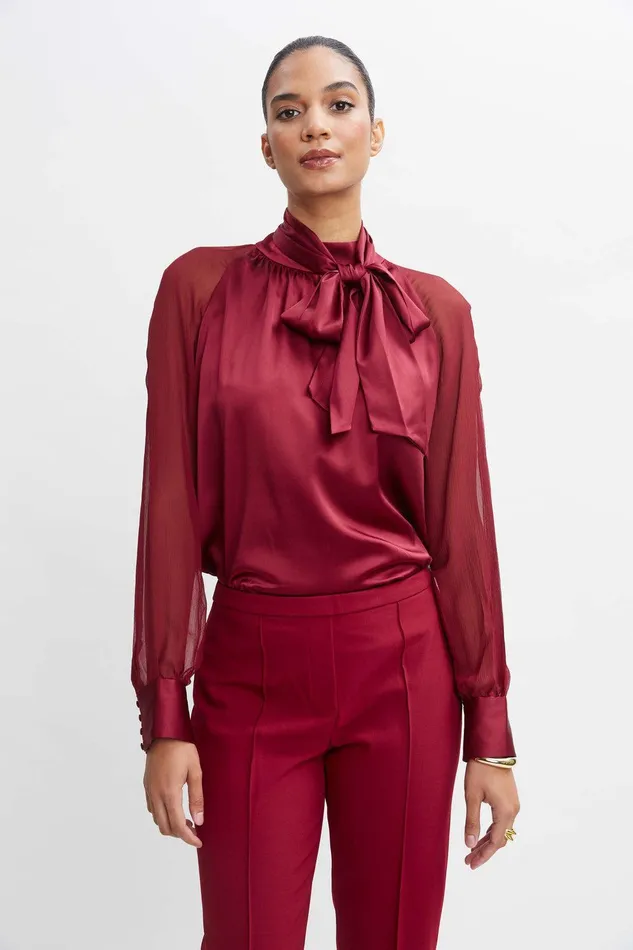 Elie Tahari Chiffon Sleeve Silk Satin Tie Shirt Sangria Women Suiting