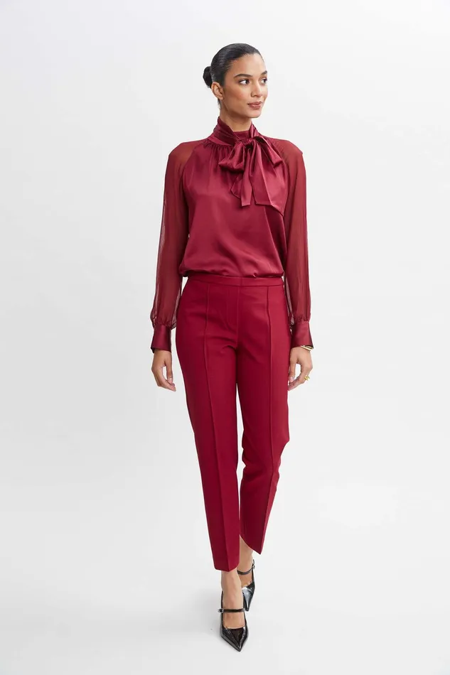 Elie Tahari Chiffon Sleeve Silk Satin Tie Shirt Sangria Women Suiting