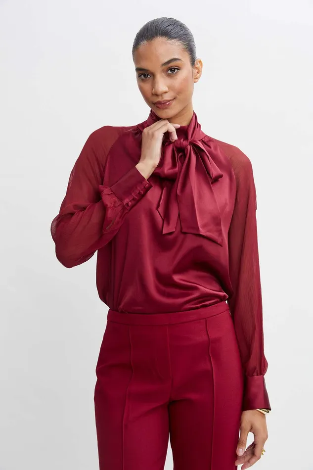 Elie Tahari Chiffon Sleeve Silk Satin Tie Shirt Sangria Women Suiting