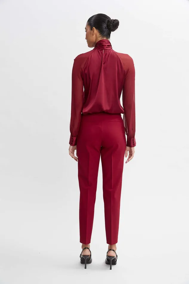 Elie Tahari Chiffon Sleeve Silk Satin Tie Shirt Sangria Women Suiting
