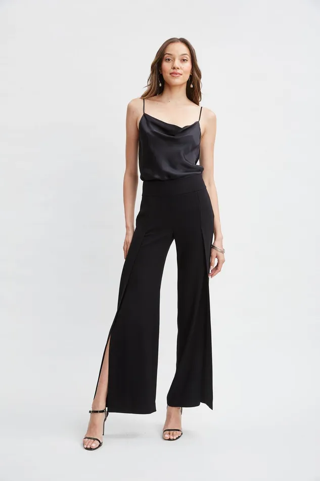 Elie Tahari Crepe Overlay Slit Pant Black Women Suiting