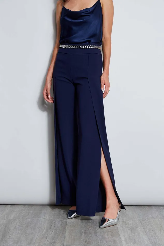 Elie Tahari Crepe Overlay Slit Pant Galaxy Navy Women Bottoms