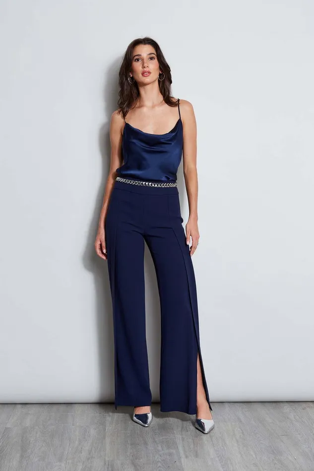 Elie Tahari Crepe Overlay Slit Pant Galaxy Navy Women Bottoms