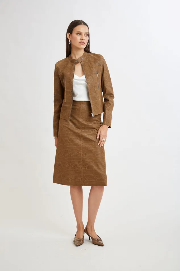 Elie Tahari Croco Embossed Vegan Leather Motto Jacket Caramel Women Suiting