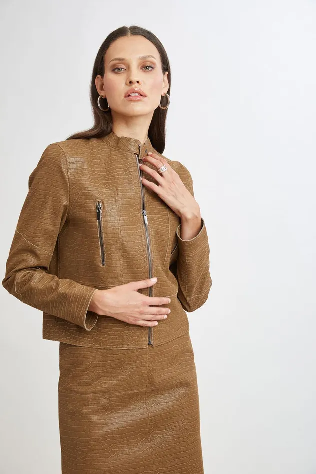Elie Tahari Croco Embossed Vegan Leather Motto Jacket Caramel Women Suiting